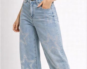 Women's Rhinestone Wide Leg Jeans: High Waisted Y2K Baggy Denim Trousers