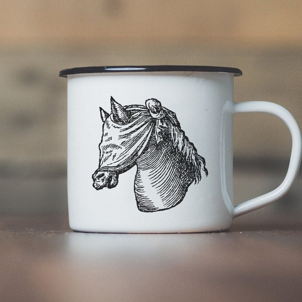 Blindfolded Horse Enamel Mug, Dark Academia Coffee Cup, Rustic Camping Mug, 12oz Mug with a Tattoo Syle Design