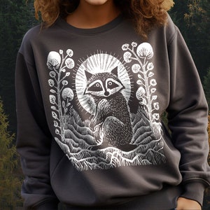 Raccoon Moon Sweatshirt, Linocut Design, Cute Animal Jumper, Unisex Top, Wildflower Sweatshirt