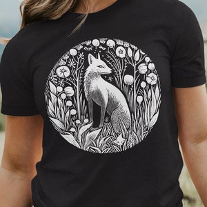 Fox Wildflower T-Shirt, Circle Design, Unisex Cotton Tee, Boho Wildflower & Grass Tee, Nature Lover Shirt