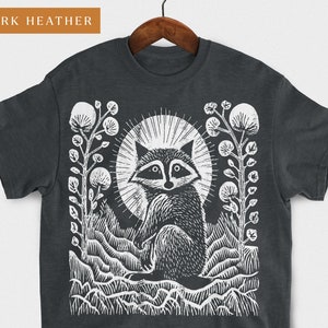 Raccoon Moon T-Shirt, Linocut Design, Cute Animal Tee, Unisex Cotton Shirt, Wildflower Shirt