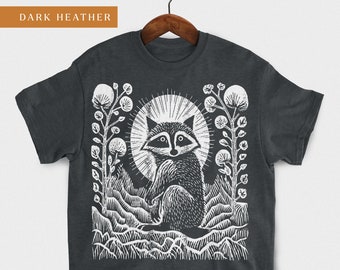 Raccoon Moon T-Shirt, Linocut Design, Cute Animal Tee, Unisex Cotton Shirt, Wildflower Shirt