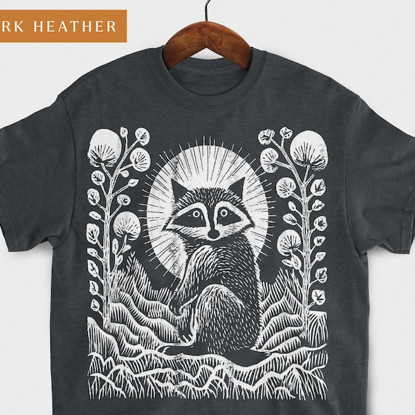 Raccoon Moon T-Shirt, Linocut Design, Cute Animal Tee, Unisex Cotton Shirt, Wildflower Shirt