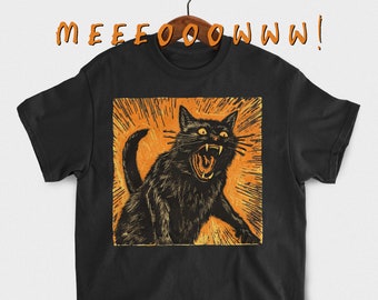 Angry Black Cat T-Shirt, Ausdrucksstarkes Zischen Katzen T-Shirt, Witchy Dark Academia Shirt für Katzenliebhaber