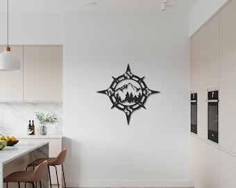 Compass Metal Wall Art, Mountain Forest Design, Adventure-Inspired Metal Decor for Nature Lovers, Rustic Homes, and Modern Living Spaces