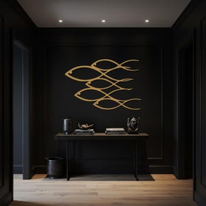 Gold Fish School Metal Wall Art, Elegant Ocean Inspired Wall Decor, Swimming Fish Design, Coastal Home Accent, Modern Wall Sculpture