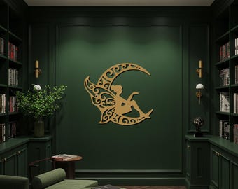 Art mural en métal fée lune, silhouette en fer doré pour chambre à coucher ou salle de lecture, décoration d'intérieur fantaisiste, cadeau de pendaison de crémaillère céleste