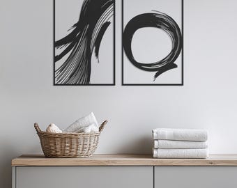 Art mural en métal moderne minimaliste coup de pinceau, décoration murale abstraite cercle zen, ensemble de panneaux en métal noir, Arti d'inspiration japonaise, décoration murale