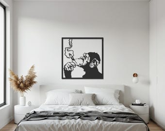 Metalen muurkunst aap, rokende aap decor, abstracte metalen muur hangen, moderne zwarte muursculptuur, cadeau voor thuis, coole muurkunst