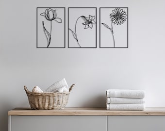 Flower Metal Wall Art Set, Minimalist Botanical Wall Decor, Modern Floral Metal Panel, Nature Inspired Wall Hanging,Modern Garden Home Decor
