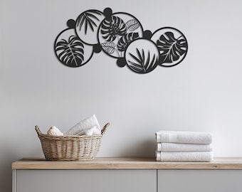 Panneau d'art mural moderne en métal avec feuilles tropicales, suspension murale botanique en acier noir pour décoration de salon, d'entrée ou de bureau, art mural