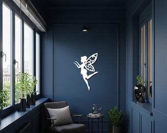 Art mural en métal fée volante, décoration en fer lunatique pour chambre à coucher ou chambre d'enfant, décoration de maison fantaisie silhouette noire, cadeau de pendaison de crémaillère