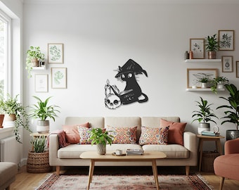 Witch Cat Metal Wall Art, Magical Black Cat with Candle and Spellbook, Gothic Halloween Wall Decor for Witches, Mystics, Fantasy Lovers