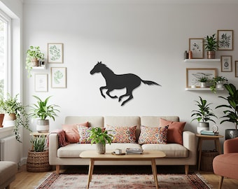 Rennend paard metalen muurkunst, galopperend paard silhouet, paarden muursculptuur, rustieke western cowboy decor voor schuur of buitenterras
