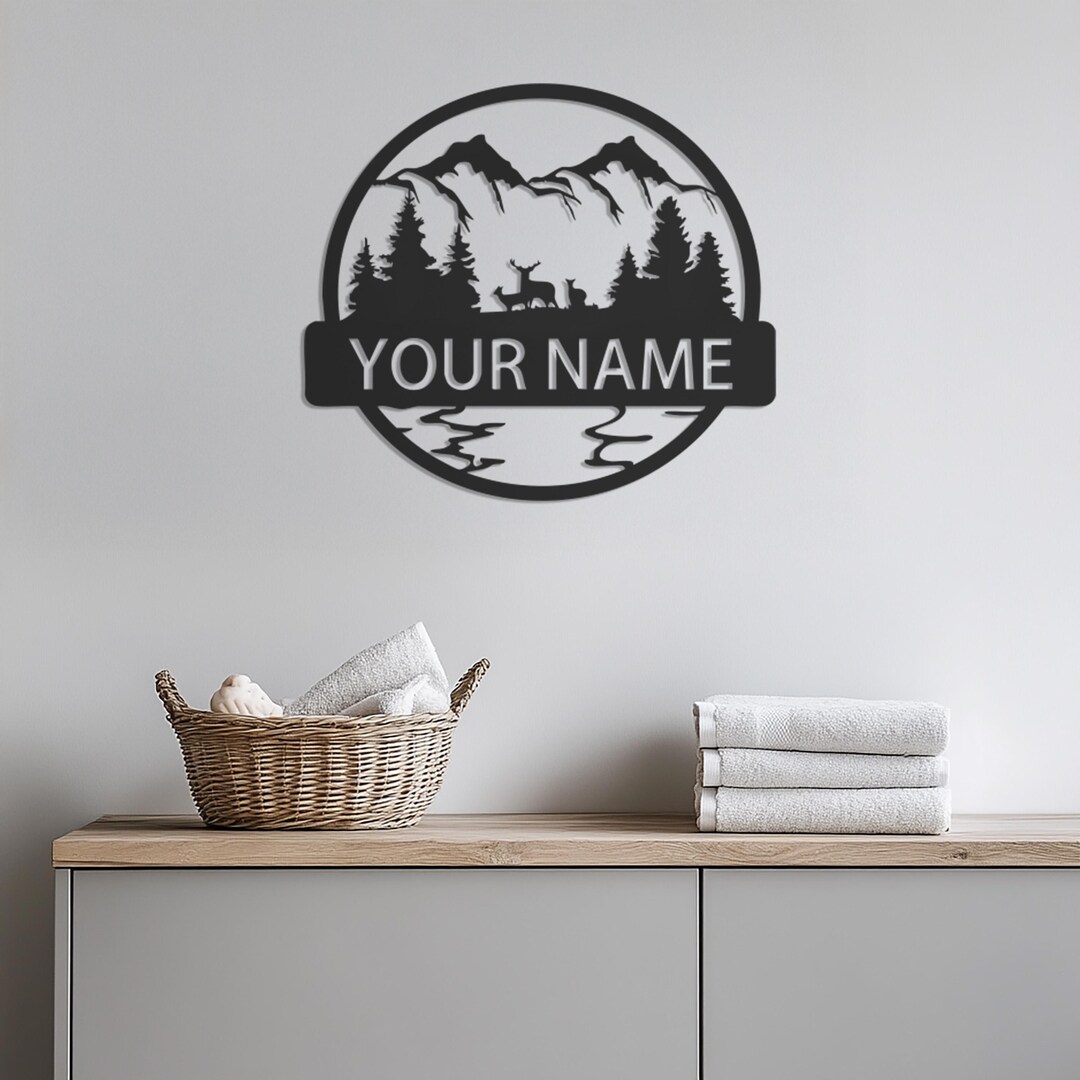 Custom Mountain Scene Metal Wall Art With Deer, Forest Home Sign for ...