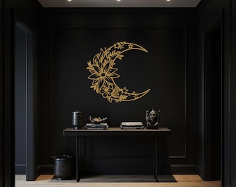 Florales Zeichen, Mond Wandkunst, Metall Wandkunst, Boho Mondsichel Dekor, Celestial Home Design, moderne Schlafzimmer Wandskulptur, Geschenk für Mondliebhaber