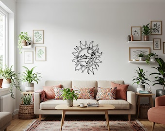 Zon en maan metalen muurkunst, op de hemel geïnspireerd muurdecor, kosmische stijl metalen decor, mystiek muuraccent voor astrologie en natuurliefhebbers