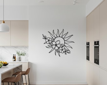 Sun and Flower Metal Wall Art, Modern Nature Decor, Elegant Floral Sculpture, Bohemian Sun Wall Hanging, Contemporary Living Room Decoration