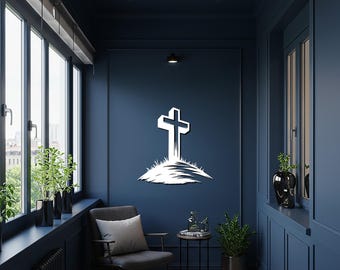 Arte de pared de metal con cruz en la colina, decoración de pared cristiana religiosa, símbolo de fe inspirador, obra de arte de cruz minimalista moderna para el hogar