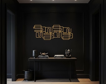 Abstrakte geometrische Metallwandkunst, modernes minimalistisches Wanddekor, schwarze quadratische Linienmustergrafik für Küche, Büro oder Wohnraum