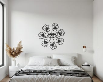 Art mural en métal floral mauvais œil, décoration de symbole de protection moderne, design complexe en acier noir, accent mural unique pour la maison ou un cadeau