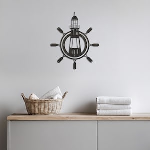 Nautical Lighthouse Wall Art, Ship Wheel Metal Wall Decor, Coastal Beach House Decor, Sea Themed Metal Wall Hanging,Maritime Home Decoration