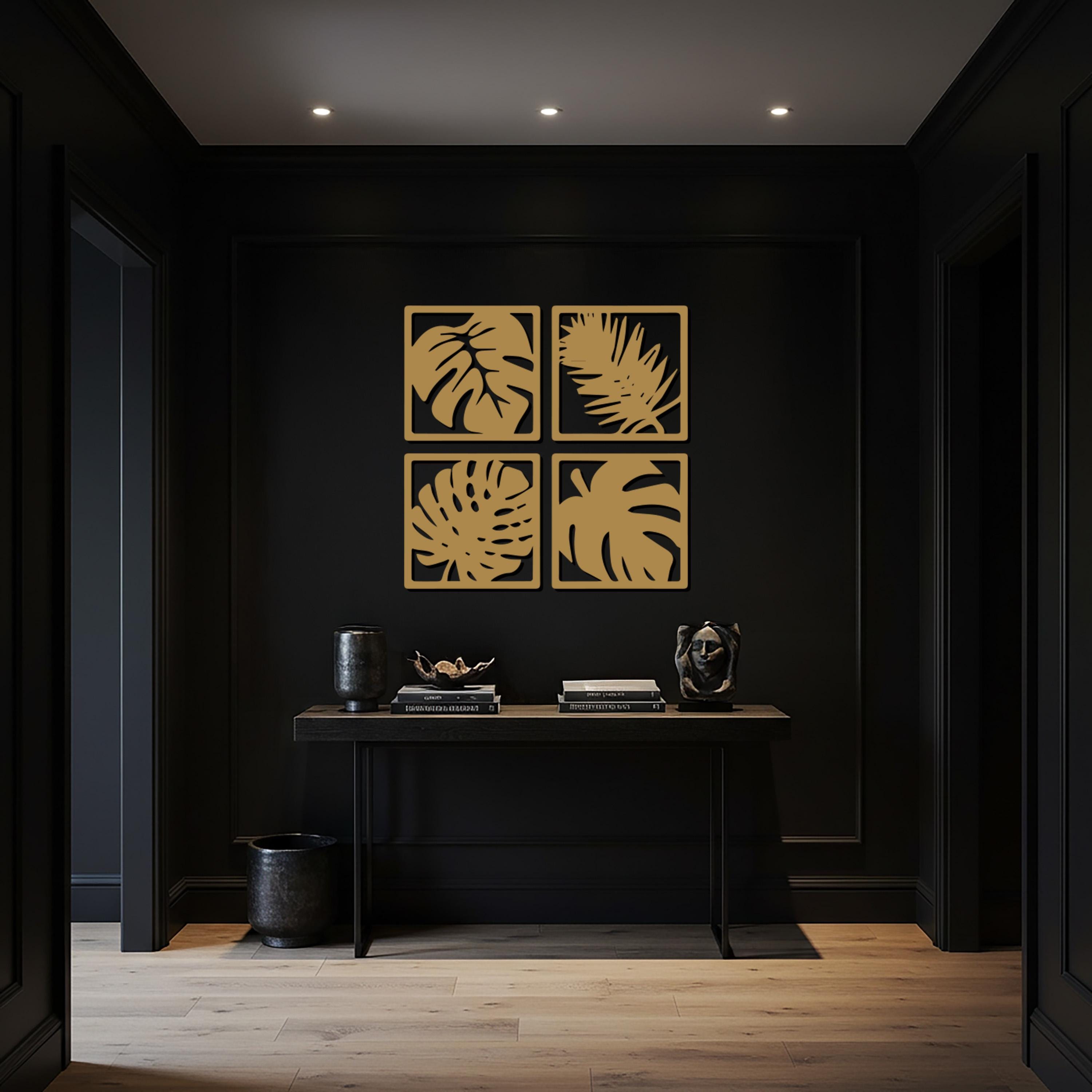 Set of 4 Leaf Metal Wall Art Panels, Tropical Monstera and Palm ...