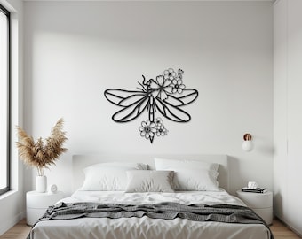 Dragonfly Metal Wall Art with Flowers, Nature Inspired Metal Wall Decor, Botanical Insect Wall Hanging, Modern Minimalist Room Decoration
