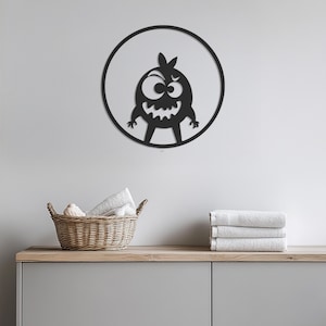 Arte de pared metálico de monstruo divertido, decoración de pared para habitación infantil, letrero metálico de estilo caricatura, colgante de pared redondo para guardería, escultura de pared con personaje adorable