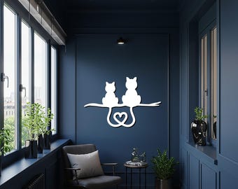 Twee katten op tak, hart staart metalen muurkunst, romantische kat silhouet, dierenliefhebbers cadeau, minimalistisch huisdier muur decor voor moderne huizen