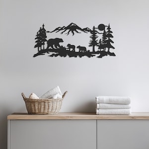 Bear Family Metal Wall Art, Mountain Forest Scene, Rustic Cabin Decor, Wildlife Wall Hanging, Nature Inspired Home Accent, Modern Wall Decor
