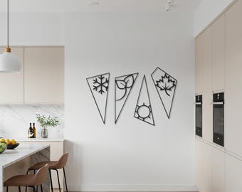 Lot de 4 oeuvres d'art murales en métal, décoration murale des saisons, enseigne en métal géométrique minimaliste, décoration murale de cuisine moderne, oeuvre d'art en métal saisonnière pour le salon