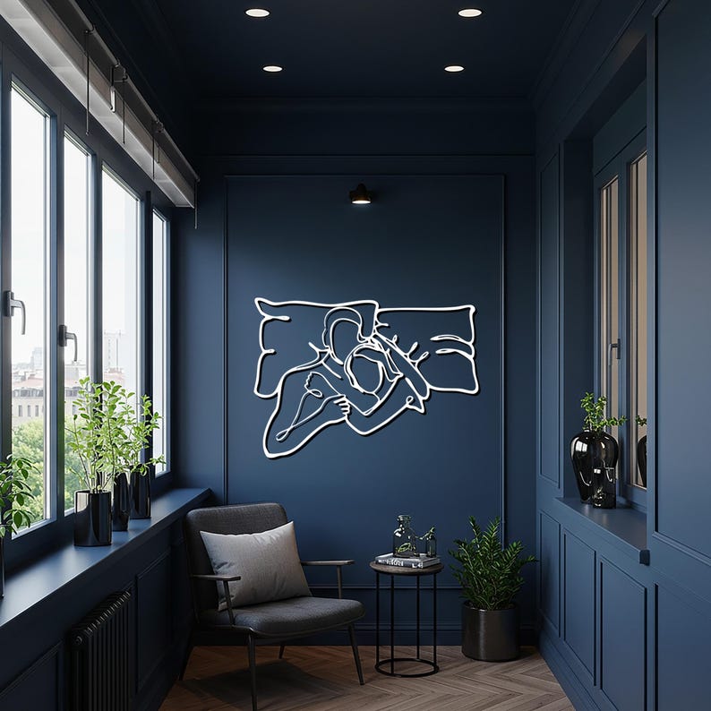 Abstrakte Paar-Metallwand-Kunst, romantische Schlafzimmer-Wand-Dekor, moderne Linie Kunst-Skulptur, minimalistisches Liebes-Design, Hochzeits- oder Jahrestagsgeschenk Bild 3