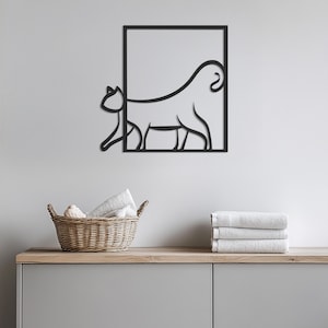 Minimalist Cat Metal Wall Art, Modern Framed Kitty Silhouette For Cat Lover Decor, Cute Feline Home Decoration For Living Room Or Entryway