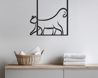 Décoration murale minimaliste en métal avec chat, silhouette de chaton moderne encadrée pour une décoration d'amoureux des chats, décoration de maison féline mignonne pour le salon ou l'entrée
