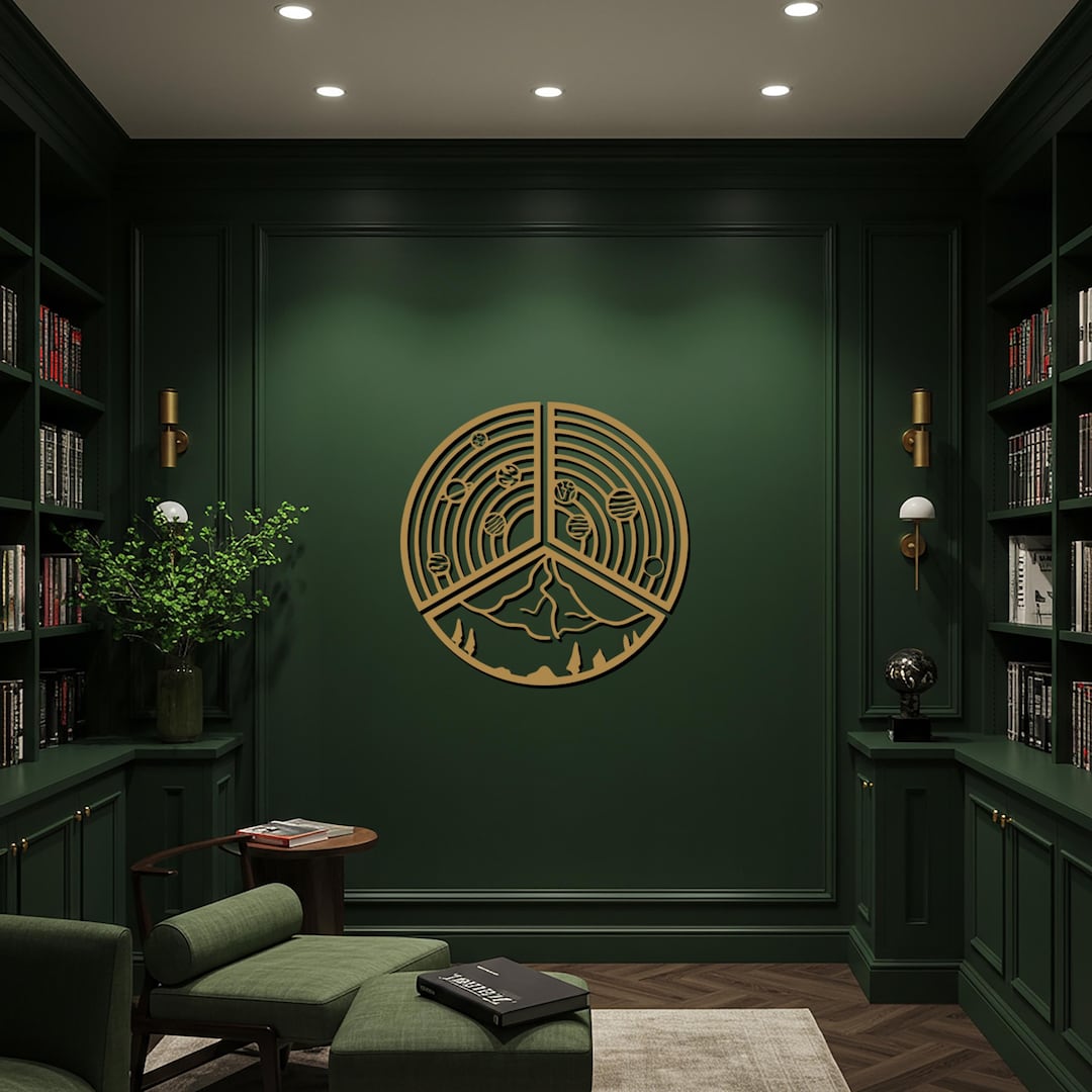 Round Metal Wall Art, Mountain Landscape and Planet Design, Cosmic Wall ...