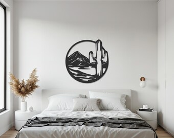 Cactus berg metalen muurkunst, rond zwart ijzer woestijn scène decor, modern huis muur accent voor keuken of hal, cadeau voor housewarming