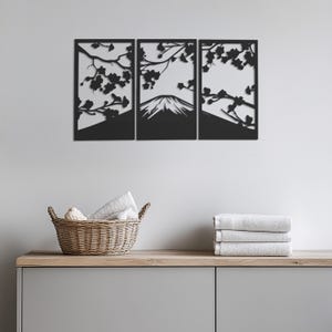 Mount Fuji Wall Art, Metal Mountain Wall Decor, Japanese Landscape Wall Hanging, Minimalist Nature Art,3 Piece Metal Wall Panel Set,Wall Art