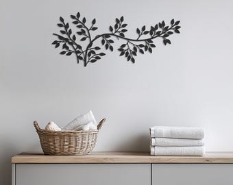 Elegante metalen boomtak wanddecoratie met bladeren, op de natuur geïnspireerde muurkunst voor woonkamer, slaapkamer of hal, rustiek-botanisch design