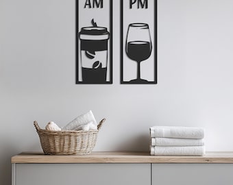 Metalen koffie wijn muurkunst, AM PM keuken muur decor, bar muur kunst metaal, koffieliefhebber cadeau, modern wijnliefhebber bord, modern metalen wanddecor