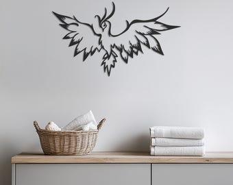 Phoenix metalen muurkunst, vliegende vuurvogel silhouet decor voor woonkamer of kantoor, inspirerend vogelbord cadeau voor liefhebbers van mythologie, kunst aan de muur