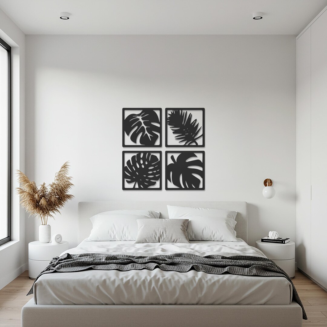 Set of 4 Leaf Metal Wall Art Panels, Tropical Monstera and Palm ...