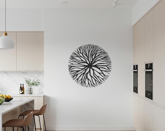 Décoration murale en métal ronde, racines d'arbre, décoration murale circulaire moderne pour salon, chambre et bureau, oeuvre d'art en métal abstraite inspirée de la nature