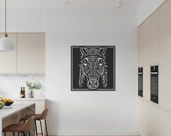Décoration murale géométrique en métal, tête de cheval, silhouette animale carrée de style tribal, décoration noire moderne, oeuvre d'art audacieuse pour la maison et le bureau