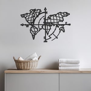 Art mural en métal carte du monde, décoration murale boussole, cadeau pour amateur de voyage, sculpture murale moderne, décoration murale en métal pour bureau et salon, oeuvre d'art murale
