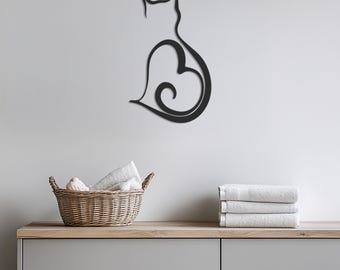 Minimalist Cat Metal Wall Art, Cat Wall Decor, Heart Cat Wall Hanging, Cat Lover Gift, Modern Cat Silhouette Art, Cat Outline Wall Sculpture