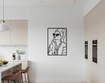 Lijnkunst vrouw, metalen muurkunst, minimalistisch vrouwelijk portret, modern silhouetdecor, modefiguur metalen sculptuur, muuraccent