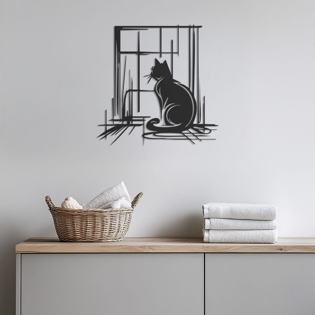 Cat Looking Out Window Metal Wall Art, Minimalist Cat Wall Decor ...