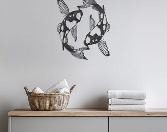 Arte mural de metal con peces koi, decoración de jardín zen, escultura de pez japonés, decoración de lago tranquilo, obra minimalista de inspiración asiática, arte mural