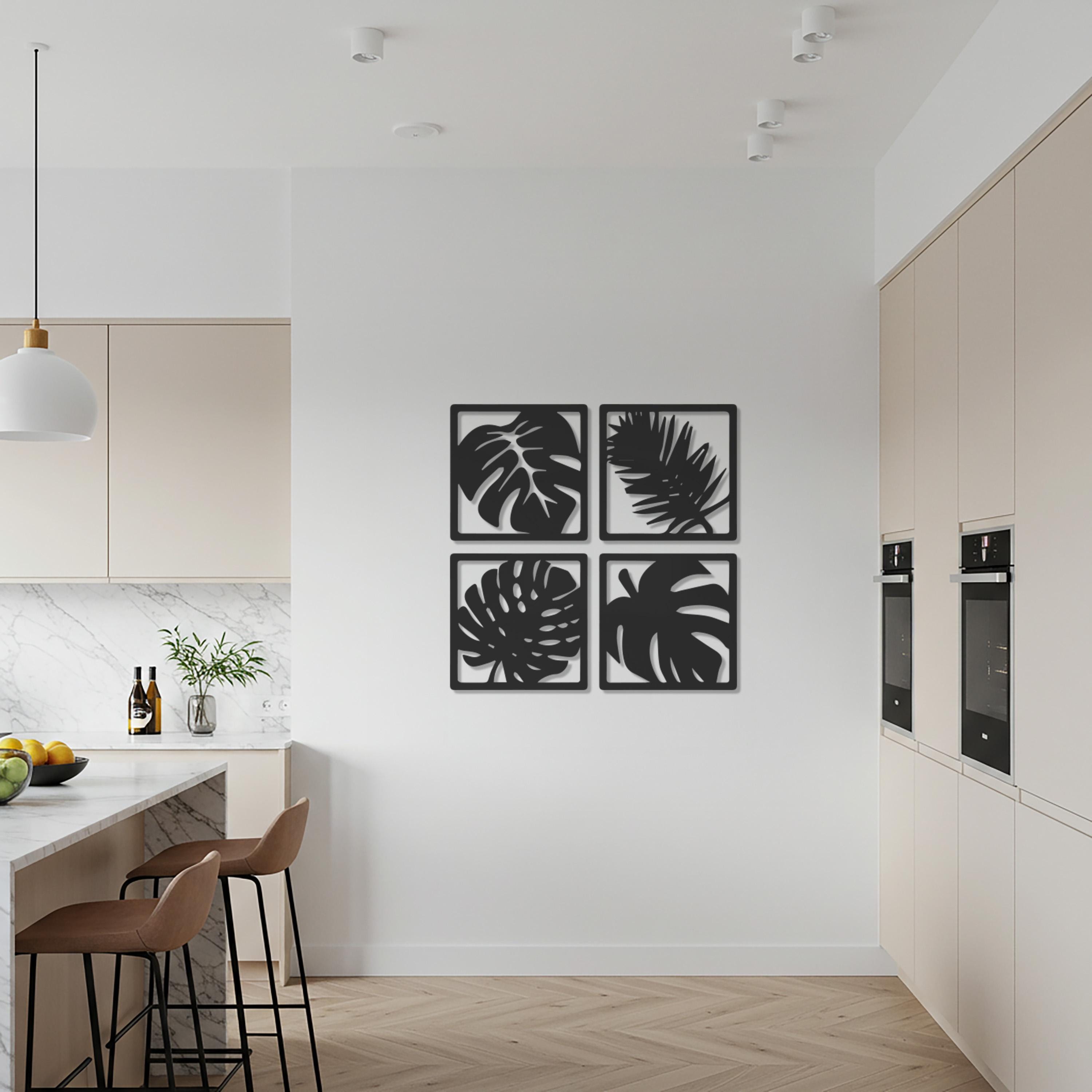 Set of 4 Leaf Metal Wall Art Panels, Tropical Monstera and Palm ...